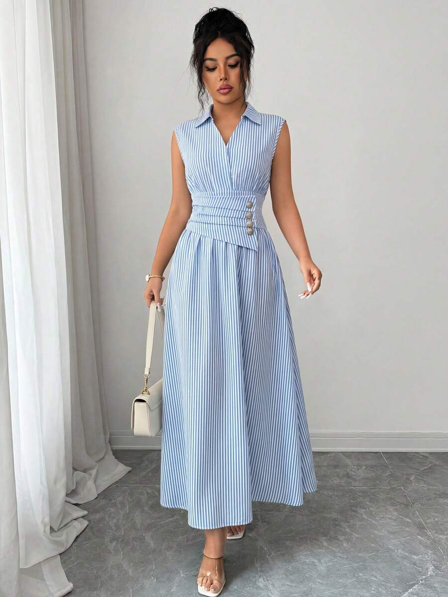 SHEIN ELENZGA فستان طويل مخطط بدون أكمام وخصر مشدود