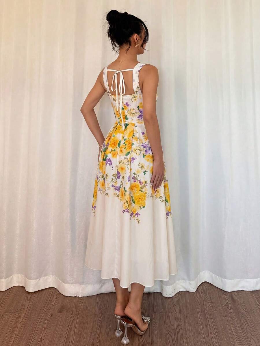 SHEIN Modelyn فستان بطبعة رقمية وخصر مربوط أنيق بلون مشمشي