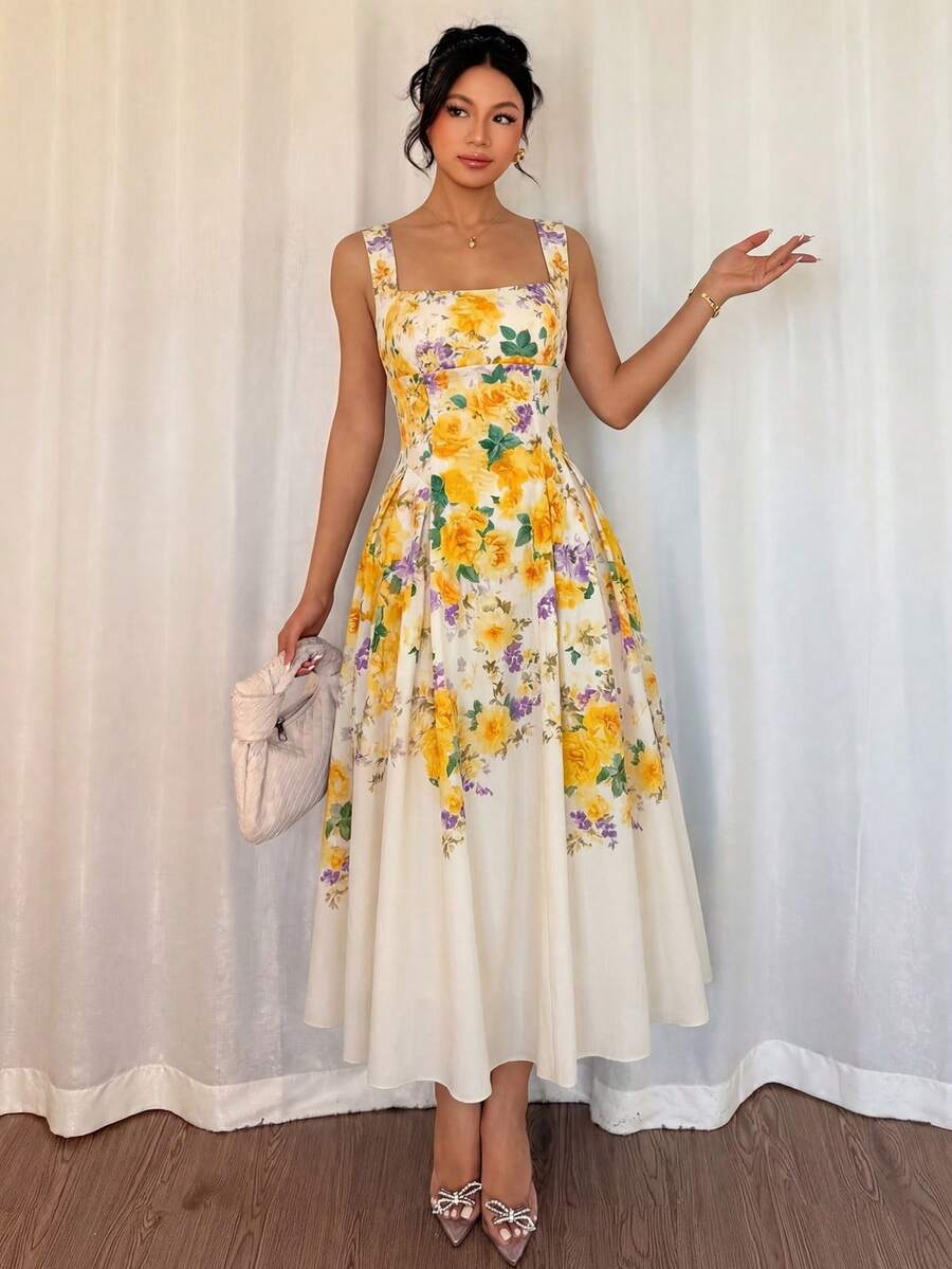 SHEIN Modelyn فستان بطبعة رقمية وخصر مربوط أنيق بلون مشمشي