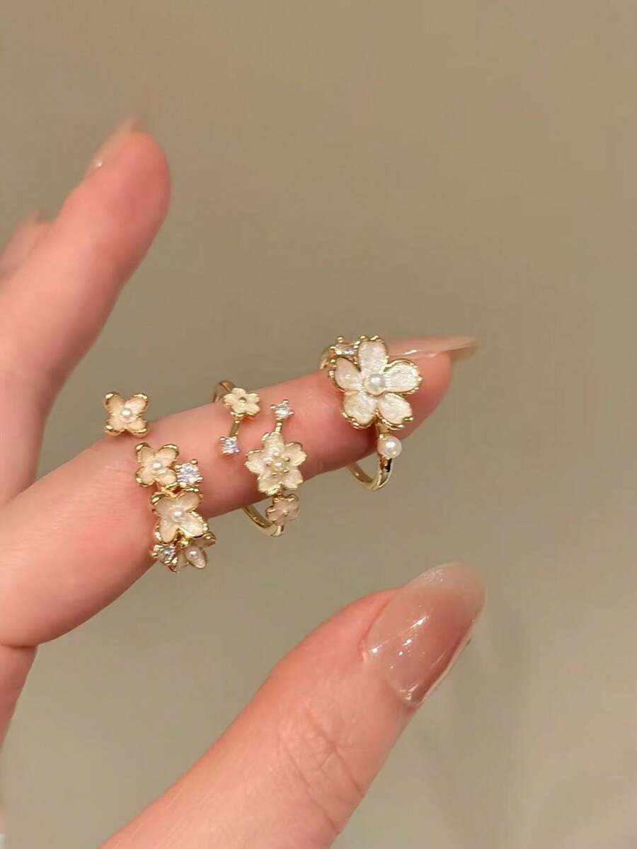SHEIN طقم خواتم 3 قطع بتصميم زهور فرنسية رومانسية قابلة للتعديل