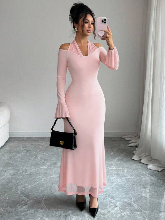 SHEIN Elenzga فستان أنيق بياقة عالية وأكمام طويلة بلون وردي فاتح