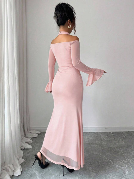 SHEIN Elenzga فستان أنيق بياقة عالية وأكمام طويلة بلون وردي فاتح