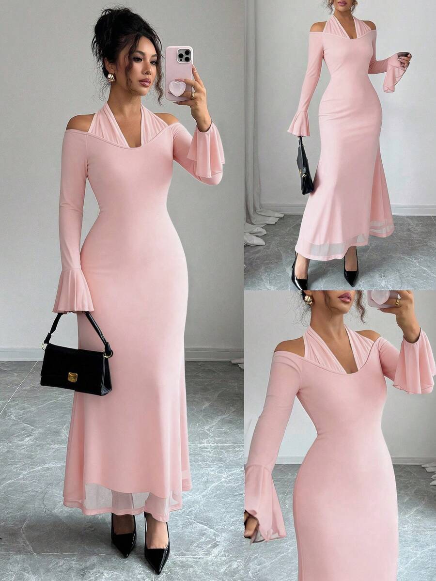 SHEIN Elenzga فستان أنيق بياقة عالية وأكمام طويلة بلون وردي فاتح