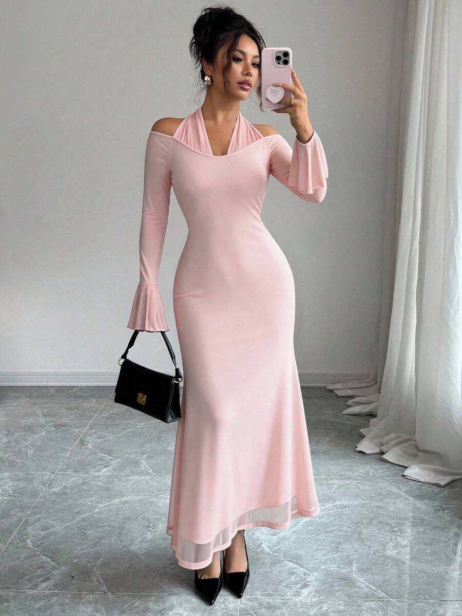 SHEIN Elenzga فستان أنيق بياقة عالية وأكمام طويلة بلون وردي فاتح