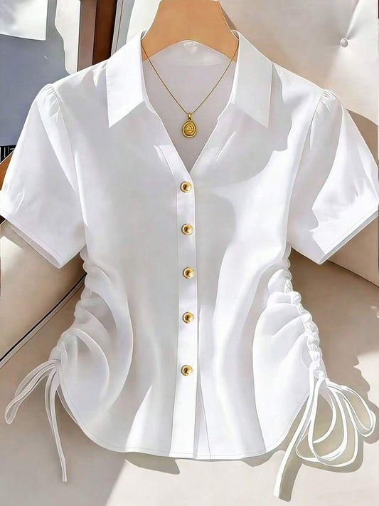 SHEIN Franclia قميص نسائي أبيض بأكمام قصيرة وربطات جانبية