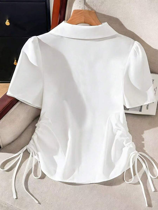 SHEIN Franclia قميص نسائي أبيض بأكمام قصيرة وربطات جانبية