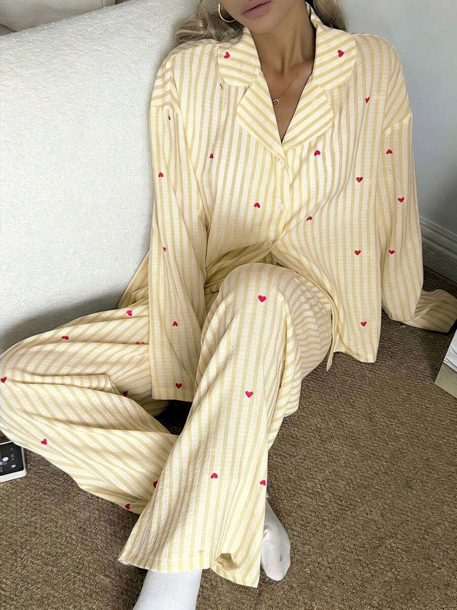 SHEIN Nina Bonheur طقم بيجامة قطعتين بأكمام طويلة وبنطال مريح