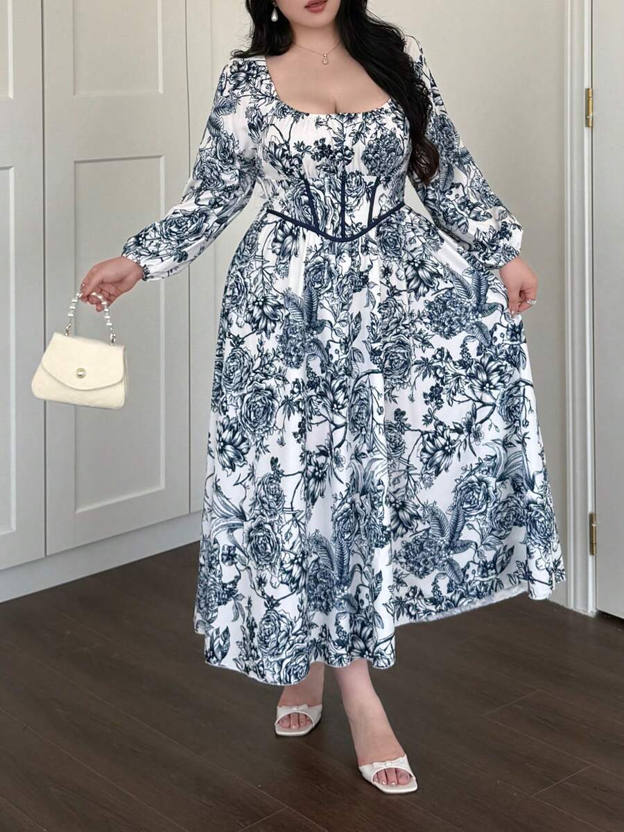 SHEIN Vibekara فستان طويل للمقاسات الكبيرة بطبعة خزف أزرق وأبيض كاجوال