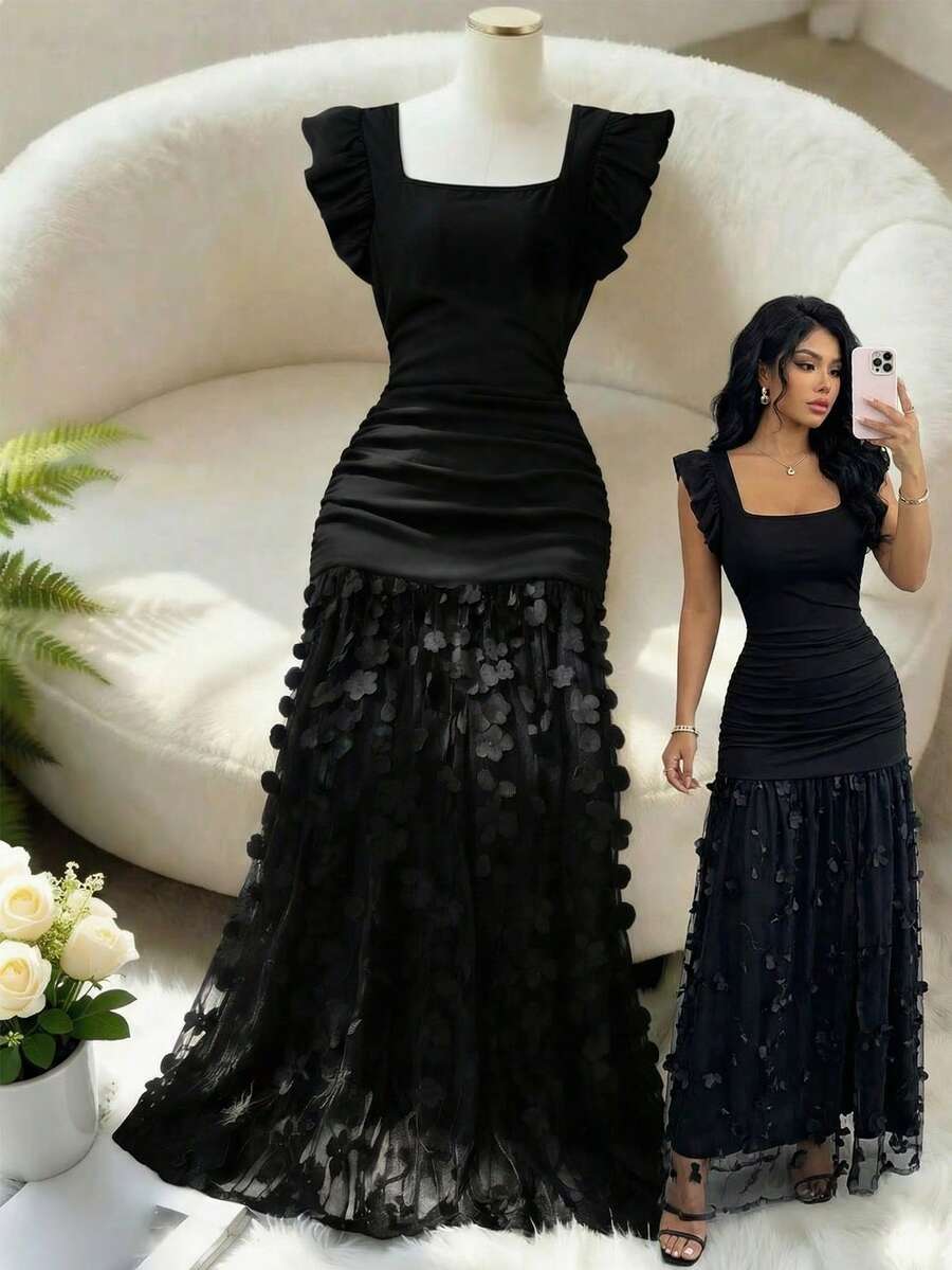 SHEIN Franclia فستان أسود بياقة مربعة وأكمام مكشكشة بتطريز زهور ثلاثية الأبعاد