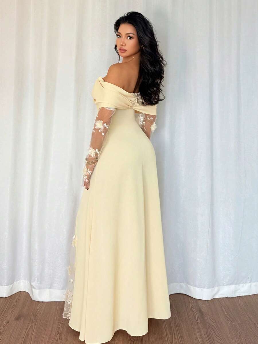 SHEIN Elenzga فستان أصفر للمقاسات الكبيرة بأكتاف مكشوفة وزهور ثلاثية الأبعاد بفتحة جانبية