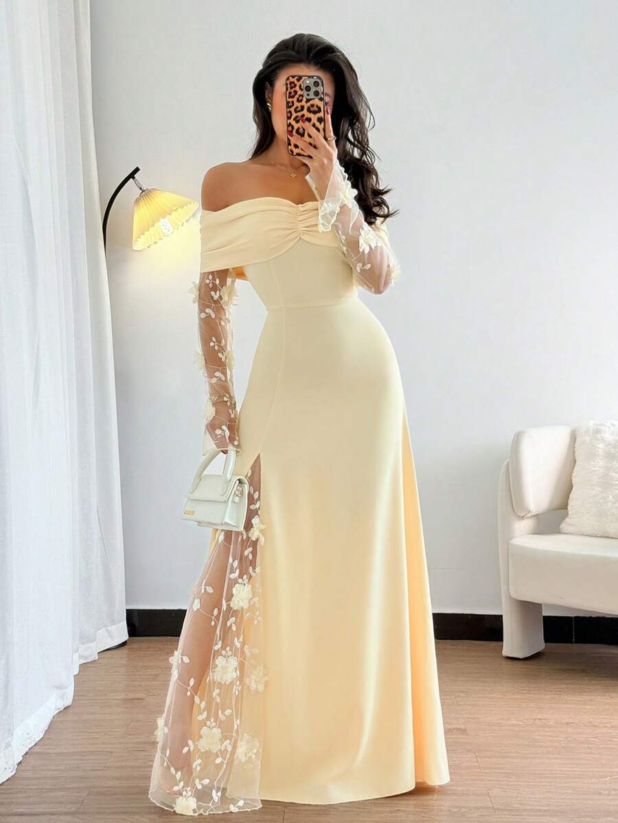 SHEIN Elenzga فستان أصفر للمقاسات الكبيرة بأكتاف مكشوفة وزهور ثلاثية الأبعاد بفتحة جانبية