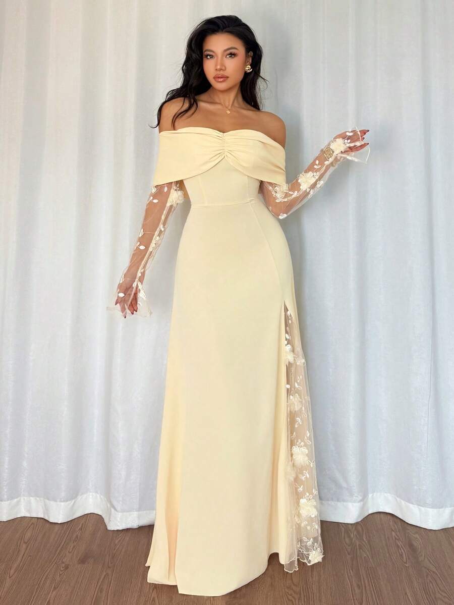 SHEIN Elenzga فستان أصفر للمقاسات الكبيرة بأكتاف مكشوفة وزهور ثلاثية الأبعاد بفتحة جانبية