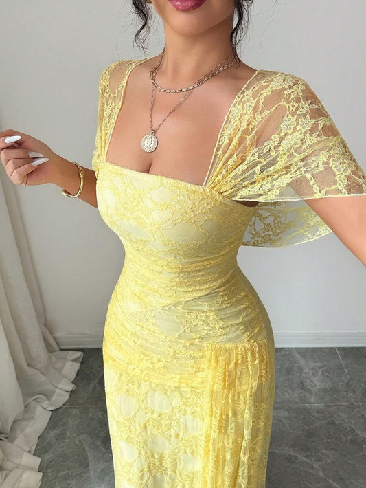 SHEIN Modelyn فستان أصفر من الدانتيل برقبة مربعة وخصر مشدود