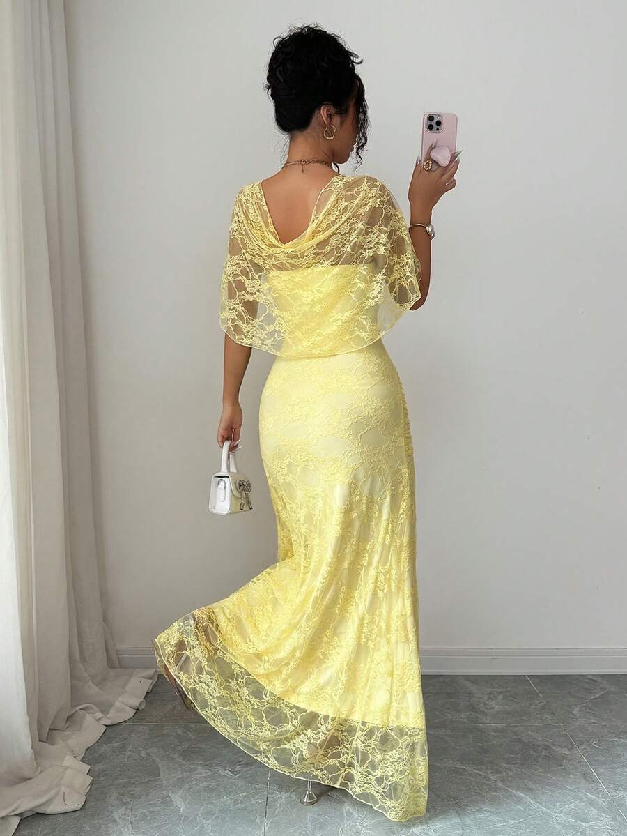 SHEIN Modelyn فستان أصفر من الدانتيل برقبة مربعة وخصر مشدود