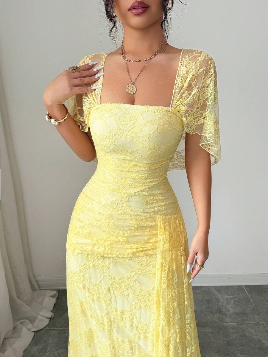SHEIN Modelyn فستان أصفر من الدانتيل برقبة مربعة وخصر مشدود