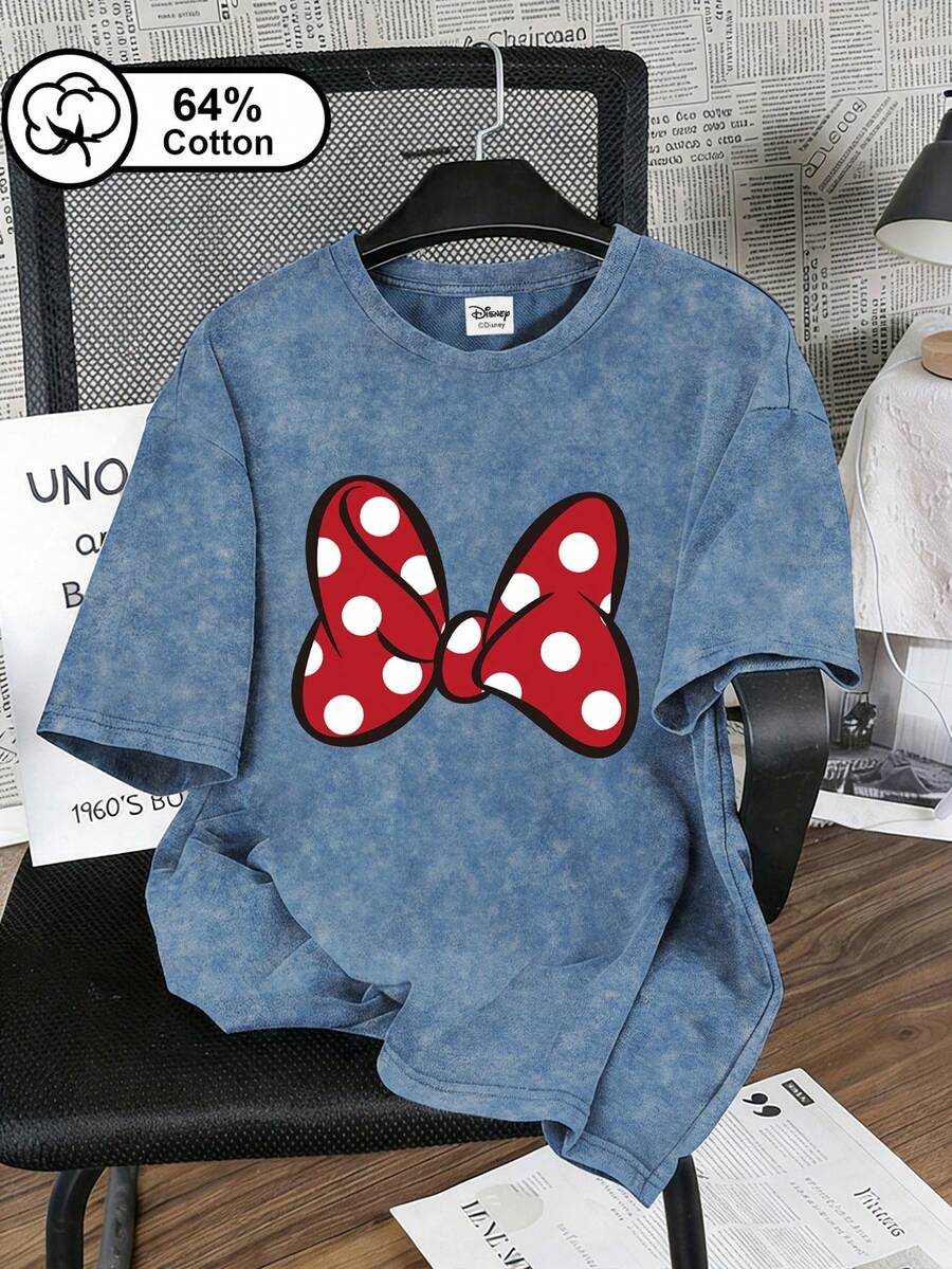 SHEIN Disney تي شيرت أزرق  بطبعة فيونكة منقطة ستايل ديزني