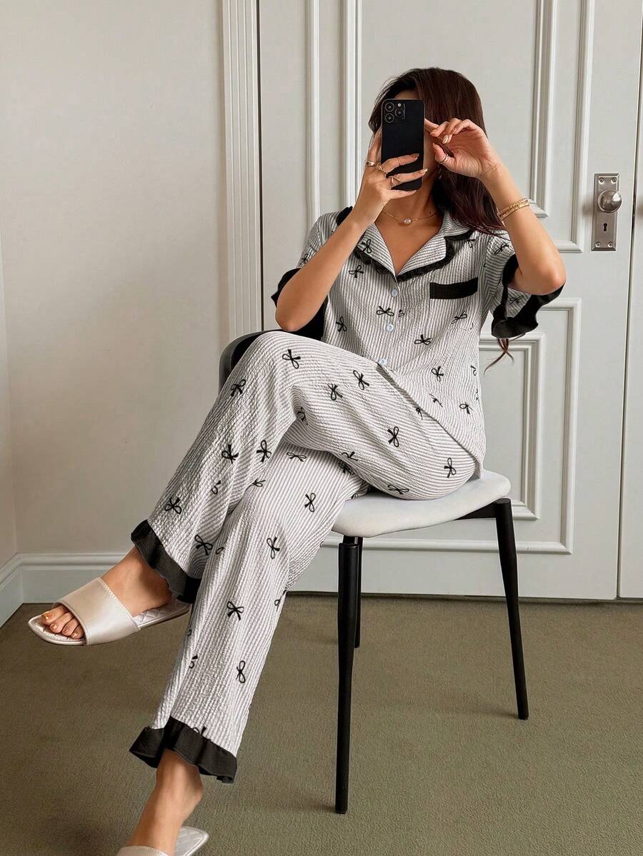 SHEIN Napfluff بيجامة قميص وسروال طويل بطبعة عقدة وخطوط