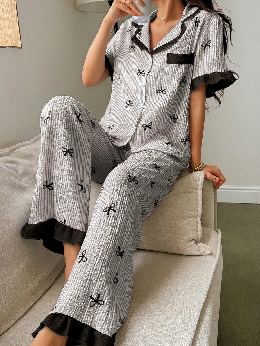SHEIN Napfluff بيجامة قميص وسروال طويل بطبعة عقدة وخطوط