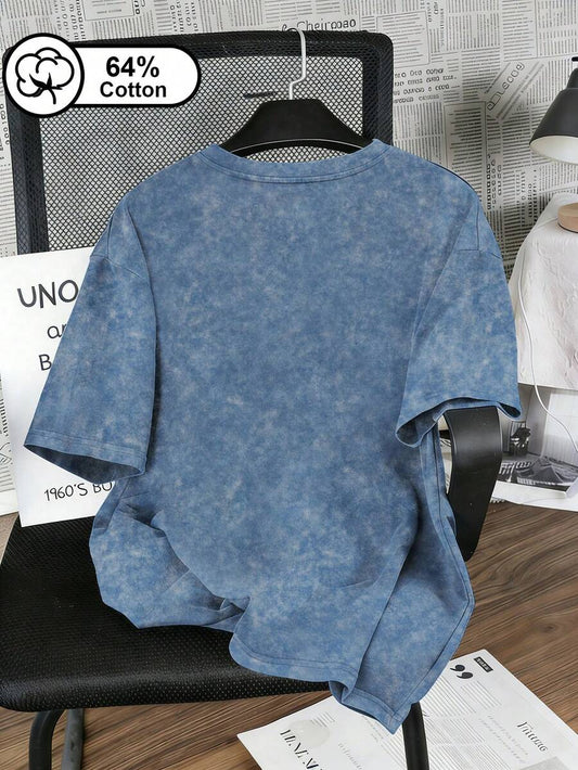SHEIN Disney تي شيرت أزرق  بطبعة فيونكة منقطة ستايل ديزني
