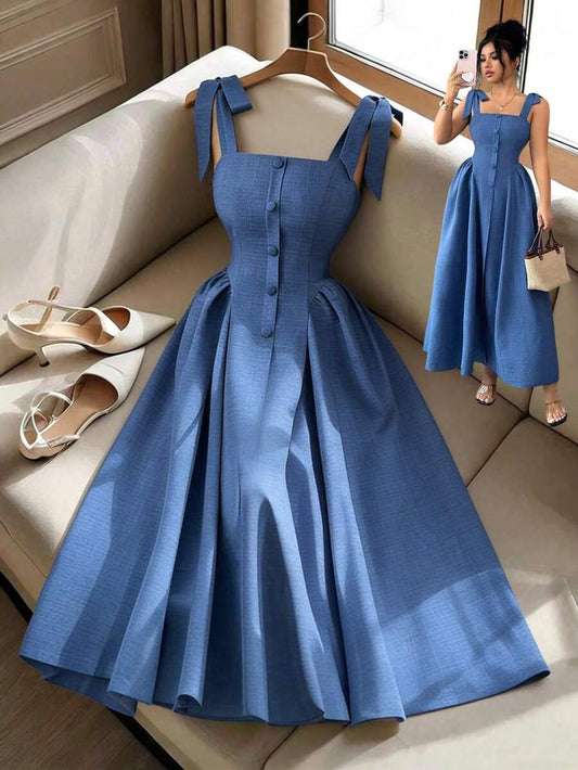 SHEIN Elenzya فستان أزرق طويل مريح بنسيج منسوج