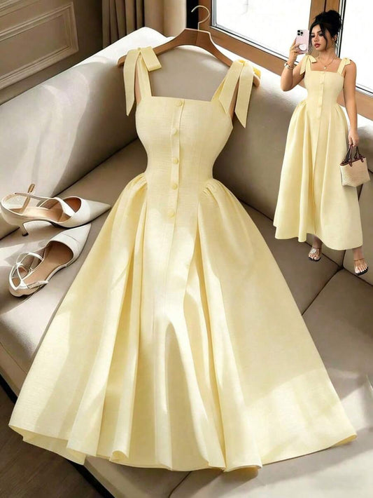 SHEIN Elenzga فستان أصفر بنسيج ملمس ثنائي اللون وربطة كتف