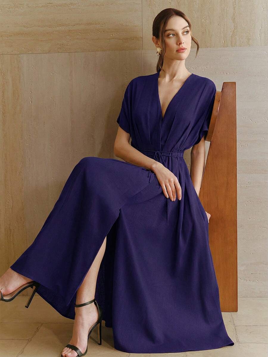 SHEIN Anewsta فستان أنيق بأكمام خفافيش وربطة خصر من الكتان الأرجواني