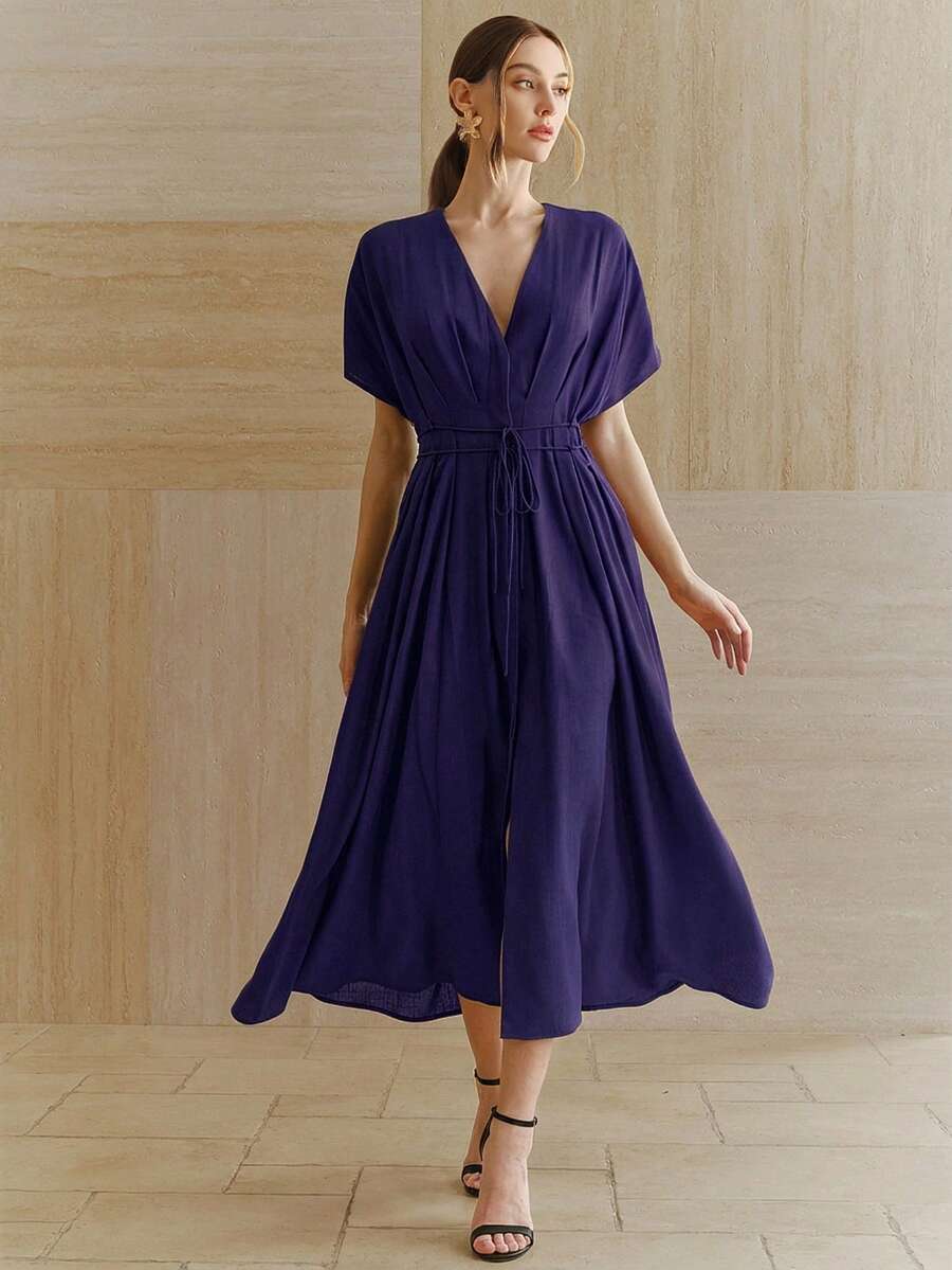 SHEIN Anewsta فستان أنيق بأكمام خفافيش وربطة خصر من الكتان الأرجواني