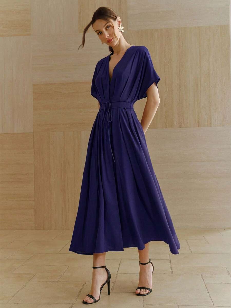 SHEIN Anewsta فستان أنيق بأكمام خفافيش وربطة خصر من الكتان الأرجواني