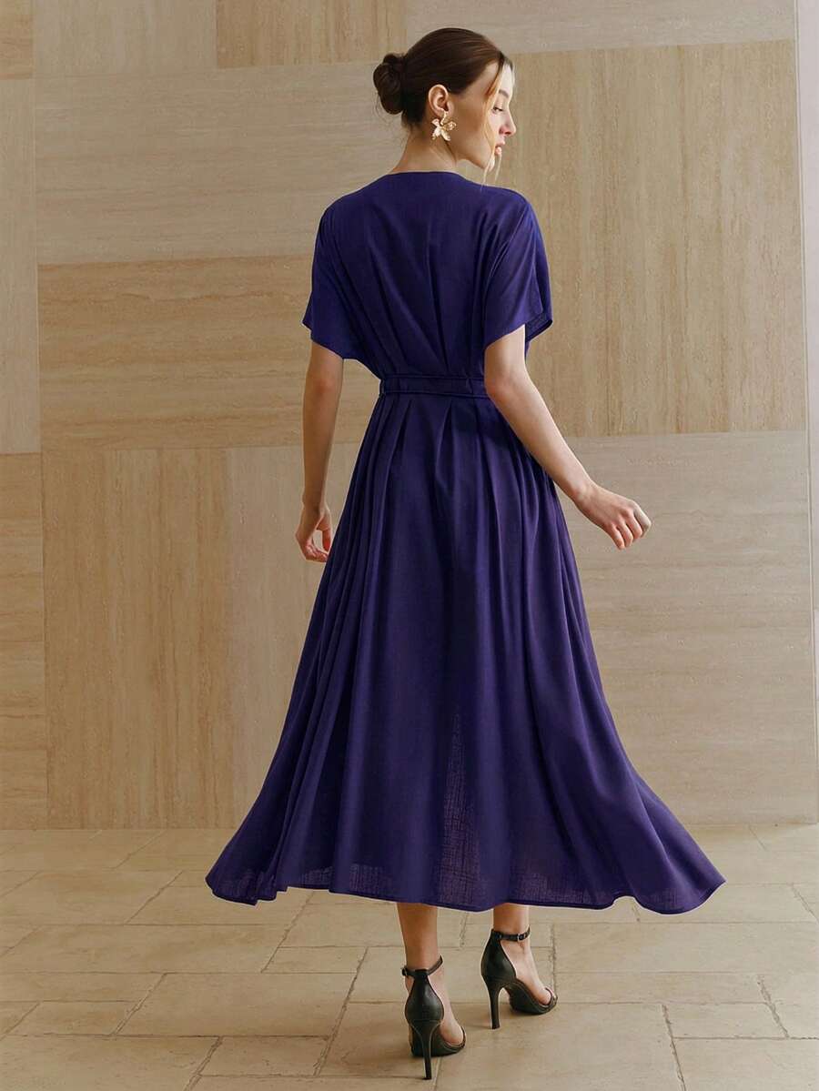 SHEIN Anewsta فستان أنيق بأكمام خفافيش وربطة خصر من الكتان الأرجواني