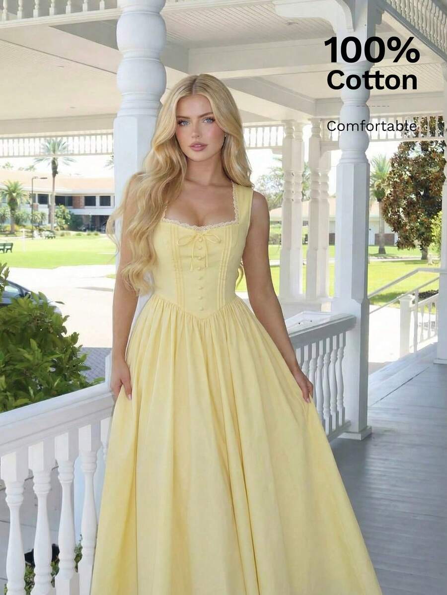 SHEIN MOD فستان أصفر بياقة مربعة مزين بأزرار قطنية