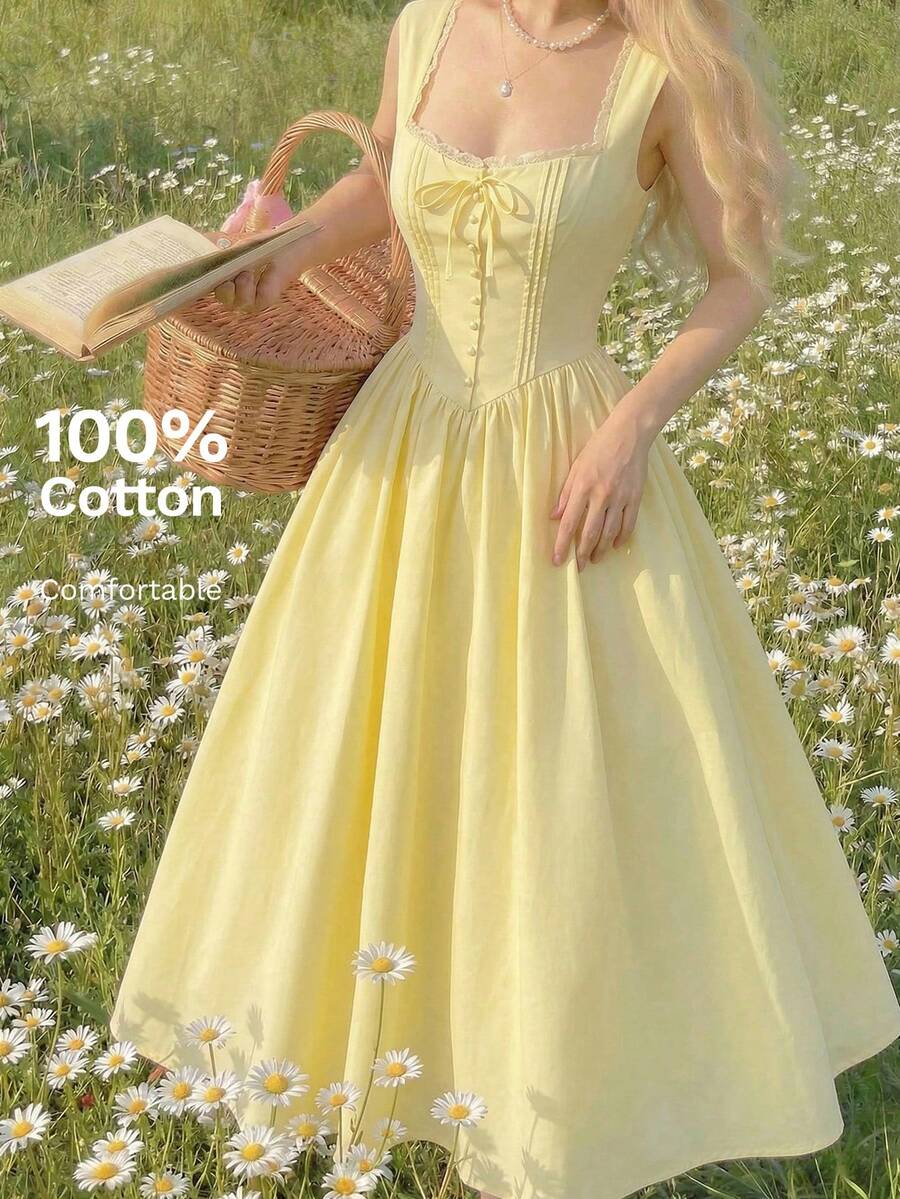 SHEIN MOD فستان أصفر بياقة مربعة مزين بأزرار قطنية