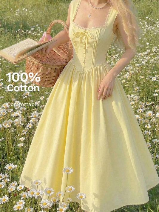 SHEIN MOD فستان أصفر بياقة مربعة مزين بأزرار قطنية