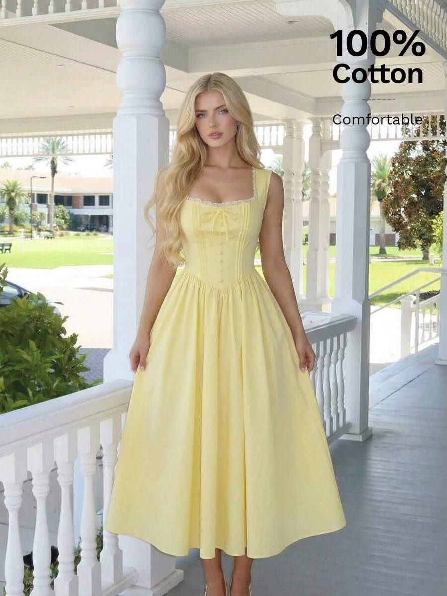 SHEIN MOD فستان أصفر بياقة مربعة مزين بأزرار قطنية
