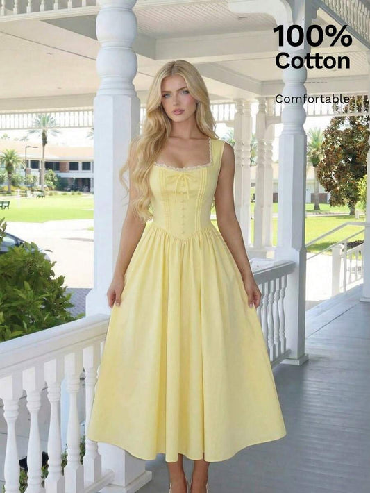 SHEIN MOD فستان أصفر بياقة مربعة مزين بأزرار قطنية