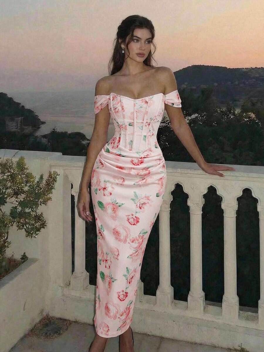 SHEIN MOD فستان وردي ضيق بطبعة زهور وردية بكتف مكشوف