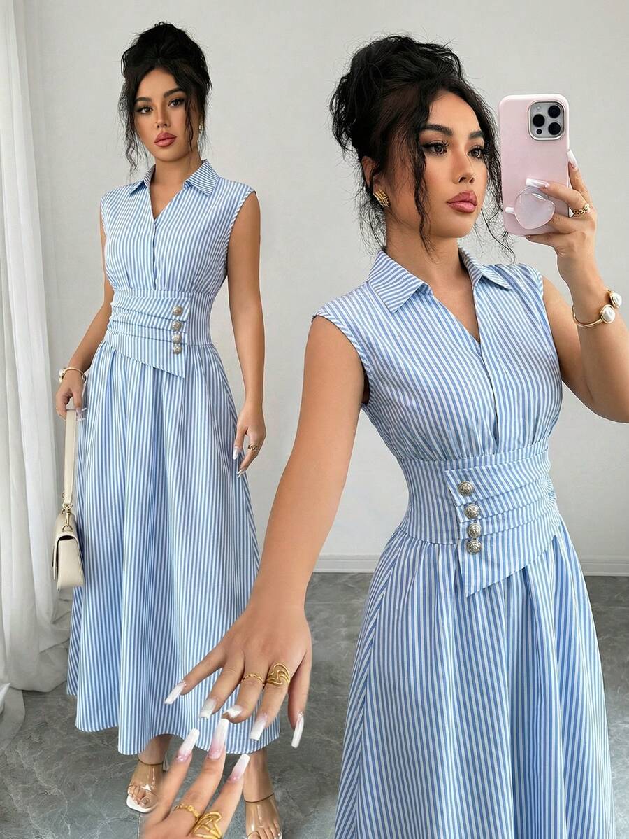 SHEIN ELENZGA فستان طويل مخطط بدون أكمام وخصر مشدود