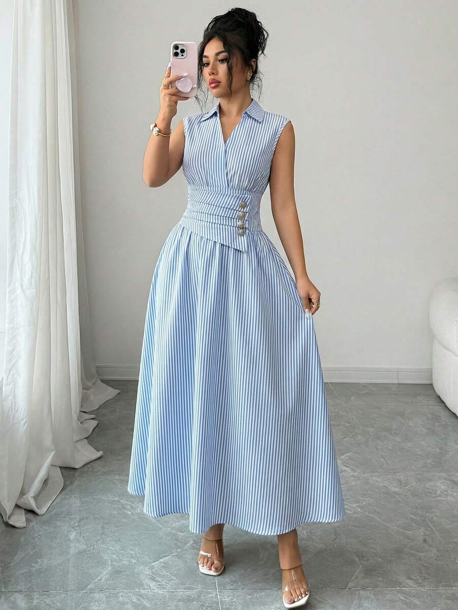 SHEIN ELENZGA فستان طويل مخطط بدون أكمام وخصر مشدود