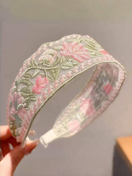 SHEIN طقم 3 أطواق شعر مطرزة بالزهور بحافة دانتيل عريضة