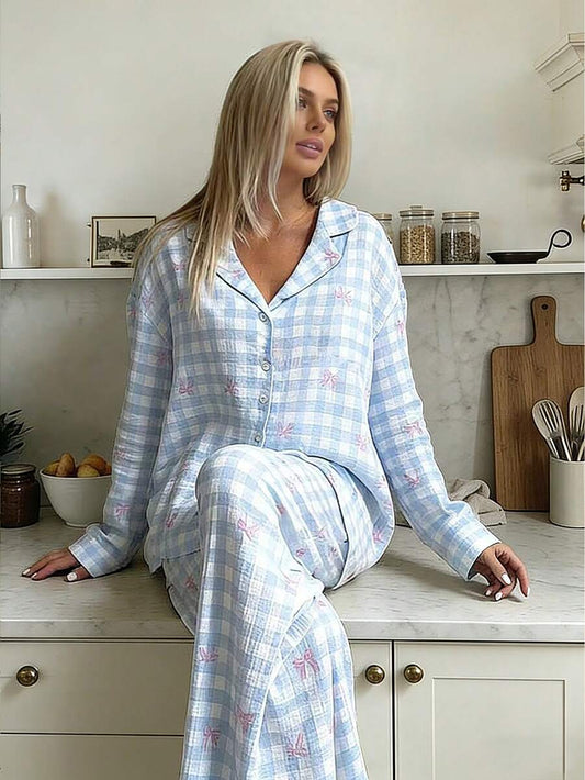 SHEIN Nina Bonheur طقم بيجامة قطعتين بلوزة طويلة الأكمام وبنطلون