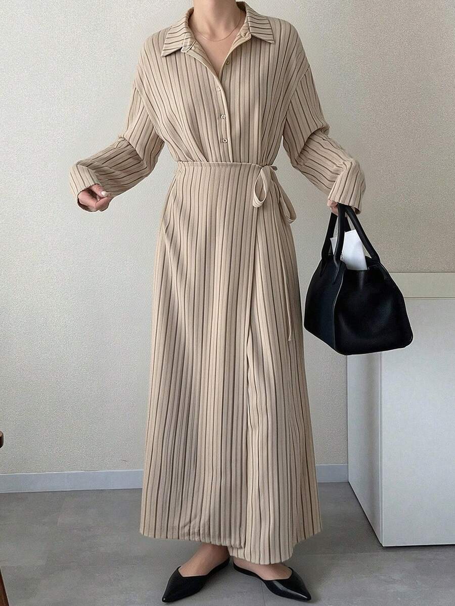 SHEIN فستان طويل مخطط بتصميم ربطة الخصر