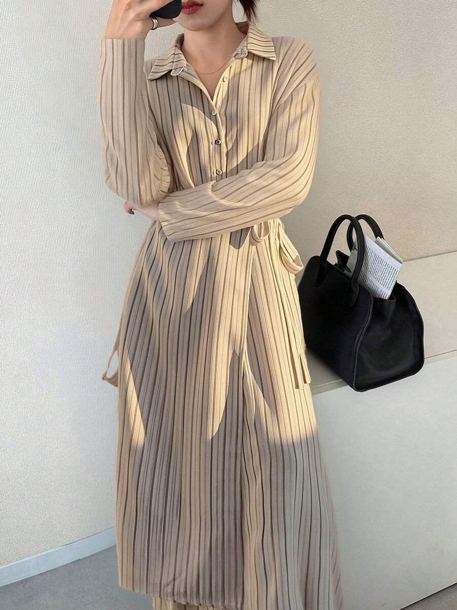 SHEIN فستان طويل مخطط بتصميم ربطة الخصر