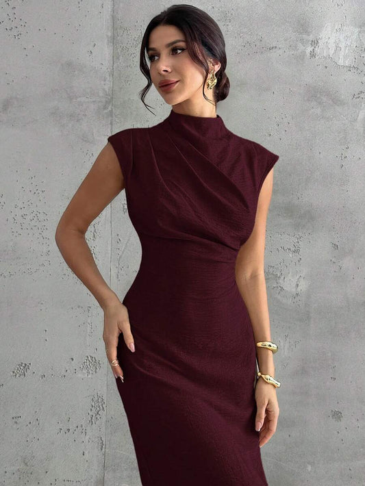 SHEIN Firerie فستان عنابي سادة بياقة عالية وخصر مشدود