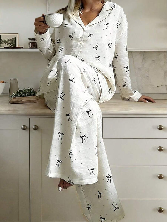 SHEIN Nina Bonheur طقم بيجامة قطعتين بلوزة فضفاضة طويلة الأكمام وبنطلون
