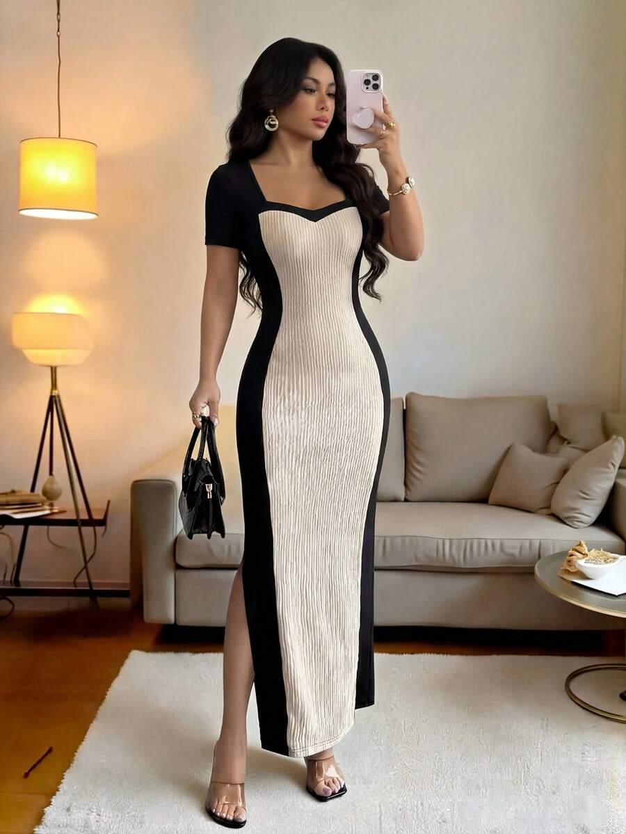 SHEIN فستان ماكسي ثنائي اللون بياقة مربعة وخصر ملتف وأكمام قصيرة