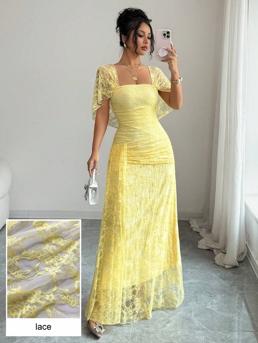 SHEIN Modelyn فستان أصفر من الدانتيل برقبة مربعة وخصر مشدود