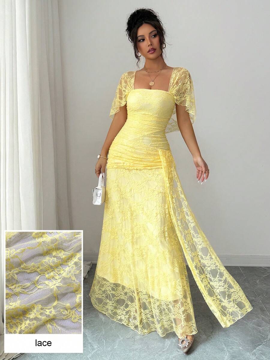 SHEIN Modelyn فستان أصفر من الدانتيل برقبة مربعة وخصر مشدود