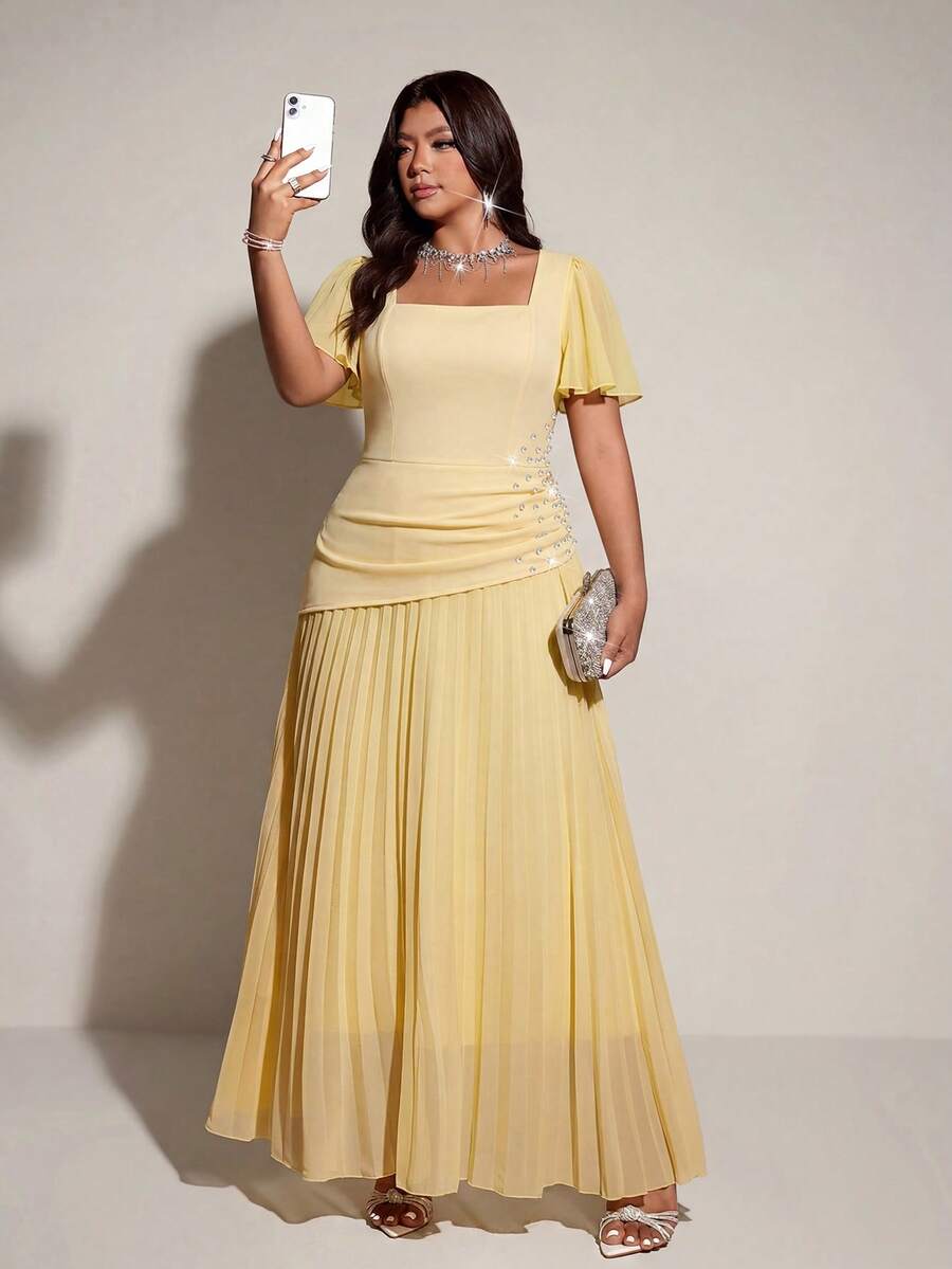 SHEIN Viva Relle فستان طويل أصفر بخصر مزين بالراين للمقاسات الكبيرة