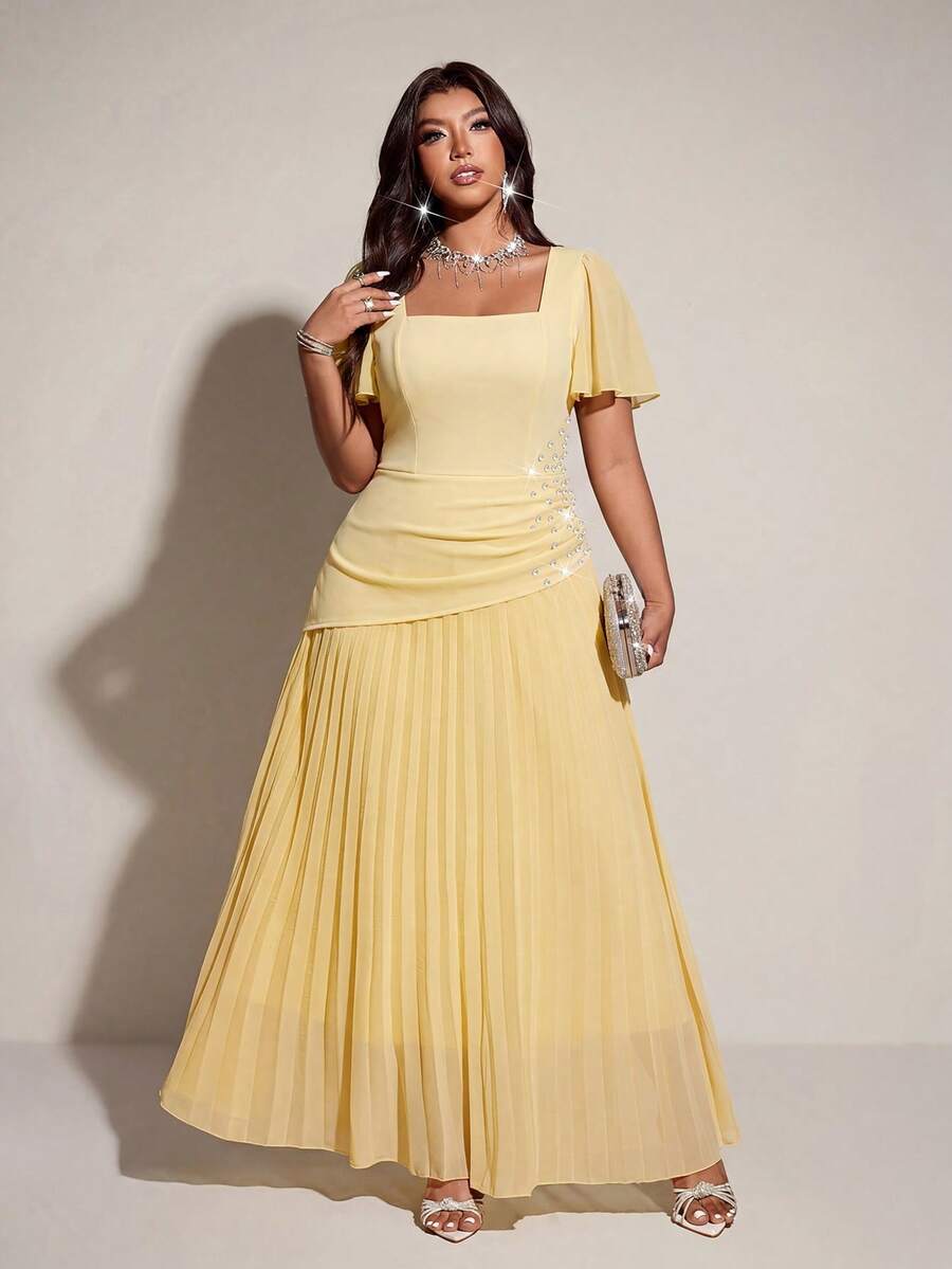 SHEIN Viva Relle فستان طويل أصفر بخصر مزين بالراين للمقاسات الكبيرة