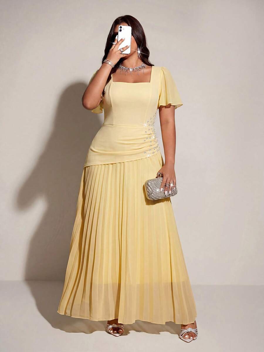 SHEIN Viva Relle فستان طويل أصفر بخصر مزين بالراين للمقاسات الكبيرة