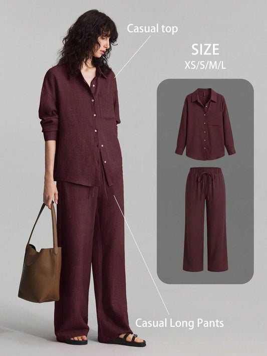 SHEIN Ontre طقم نسائي كاجوال من قطعتين بقميص وبنطال واسع